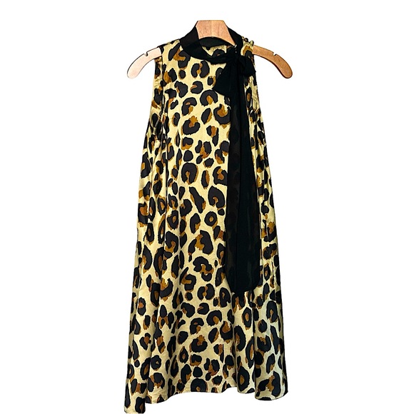 DONNA MORGAN BROWN BLACK LEOPARD PRINT HIGH NECK SILK DRESS 4 - Picture 1 of 7